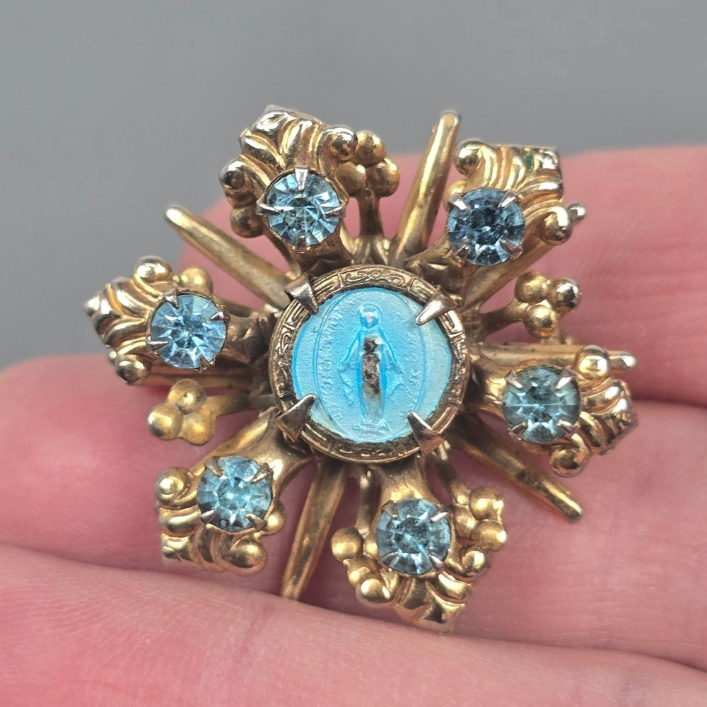 Vintage Gold Tone Miraculous Medal Starburst Brooch Blue Rhinestone Virgin Mary